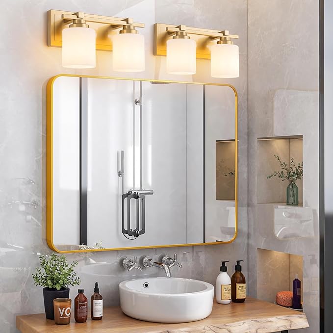 2 Light Modern Bathroom Light Fixtures Over Mirror, Brass Finish Vanity Lights for Bathroom Wall Sconces with Milky White Glass Shades, E26 Socket (Bulbs Not Included)