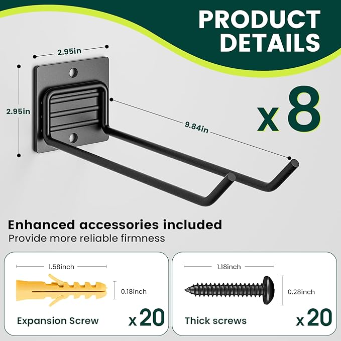 Wall Mount Garden Tool Holder Organizer Rack, Garage Tool Organizer Storage Hook for Yard Shed, Metal Garage Garden Tool Hanger for Lawn Organizer Holds Shovel,Rakes,Brooms,Hoses 8 Pack