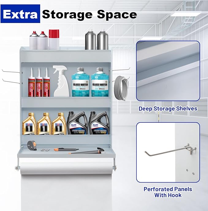Trailer Door Cabinet Organizer, Flip-Out Work Tray & Paper Towel Rack Organizer with Hooks, Wall-Mount Work Station Storage Cabinet for Enclosed Race Trailer Garage Storage, White