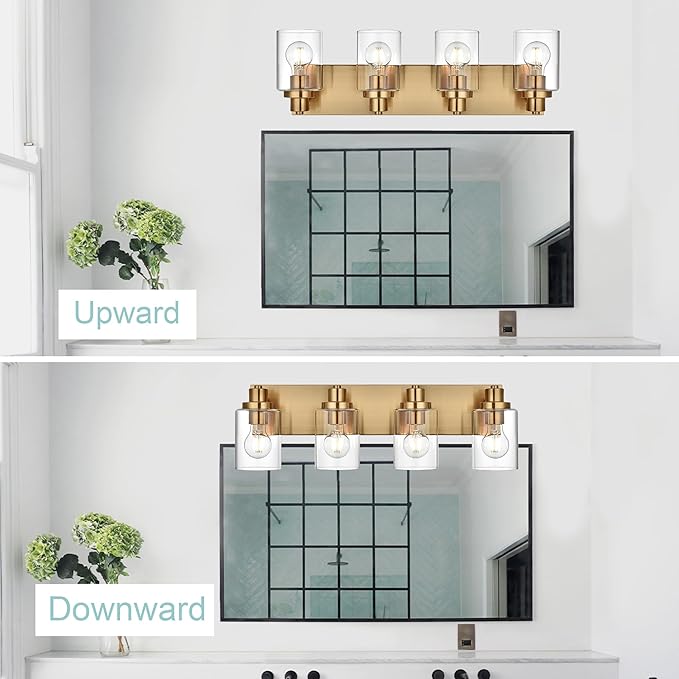 4 Light Bathroom Vanity Lights Brushed Brass Bathroom Lighting Fixtures over Mirror with Clear Glass Shade, Vintage Gold Vanity Light For Bathoom, Modern Bathroom Wall Vanity Lighting Fixtures