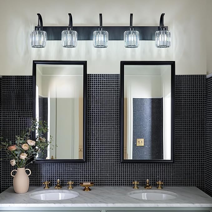 5-Light Crystal Vanity Light, Modern Black Bathroom Wall Sconce with K9 Crystal Shades, 42.51" Long Over Mirror Lighting for Vanity, Makeup, Hallway, Elegant & Easy Installation