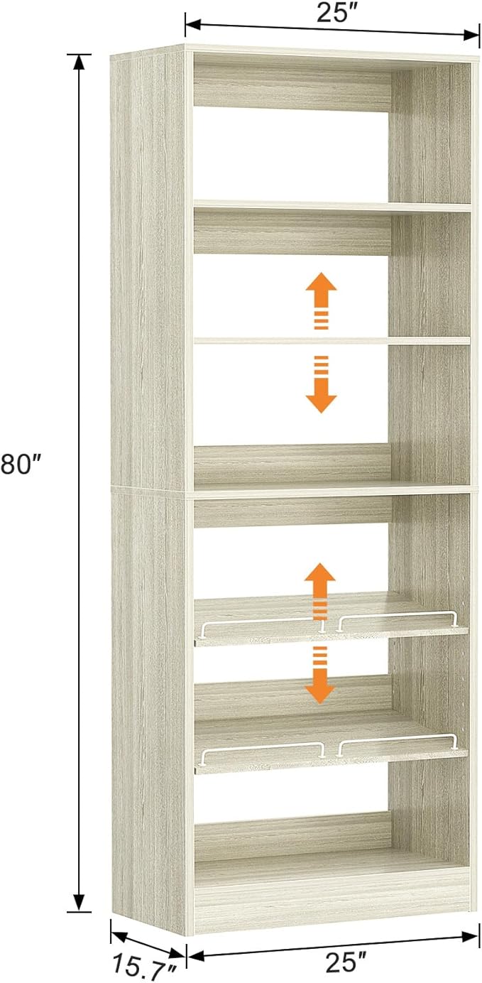 Unikito 25” Closet Organizer Systems, Freestanding Shoe Storage Shelves, Standalone Wood Shoe Racks, Heavy Duty Walk in Closet Tower for Bedroom, Entryway and Mudroom, 25" W x 16" D x 80" H, White Oak