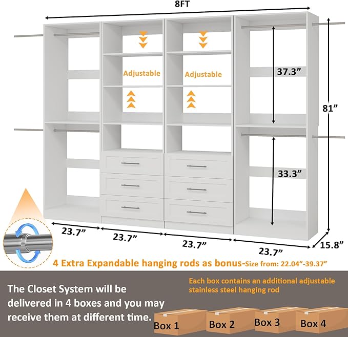 Closet System with 6 Drawers, 8FT Wood Closet Organizer System with 8 Hanging Rods&Adjustable Shevles, 81"Tall Modular Walk In Closet System, Standalone Closet System System, 4Set,White