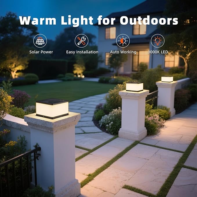 Solar Post Lights Outdoor, 9.8'' Pillar Cap Lights IP54 Waterproof, 3000K LED Column Light Modern Dusk to Dawn Lamp, Fence Lantern Posts Outdoor Lighting Lamps Fixture for Garden Pathway Driveway