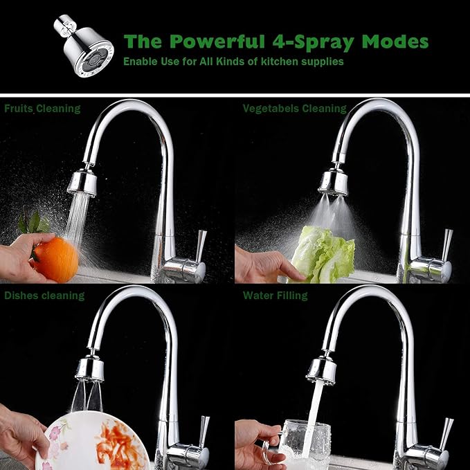 Faucet Sprayer Attachment with 2 Ball Joint, Big Angle Swivel Kitchen Sink Faucet Head Replacement, 4 Spray Models, 55/64-27UNS Famale Thread, Male Thread Adapter Included, Polished Chrome