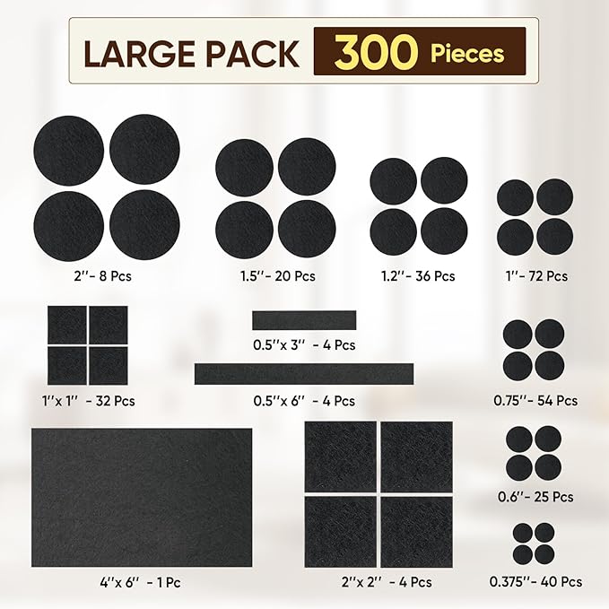 BALEINE 300PCS Felt Furniture Pads, Multi-Size Felt Pads for Chair Legs, Tables, Beds, Scratch-Reducing Floor Protectors for Hardwood Floors, Tile, Vinyl, and Laminate (300PCS, Black)