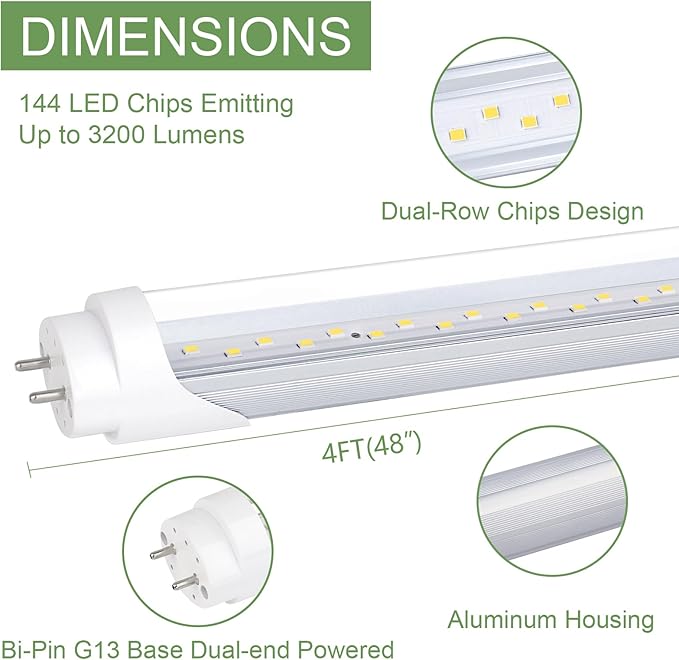 25-Pack T8 LED Bulbs 4 Foot, 24W 3200LM 5000K Daylight Tube Lights, Ballast Bypass, Type B, Dual-End Powered, Replacement for Fluorescent Tubes, G13 Base, Clear