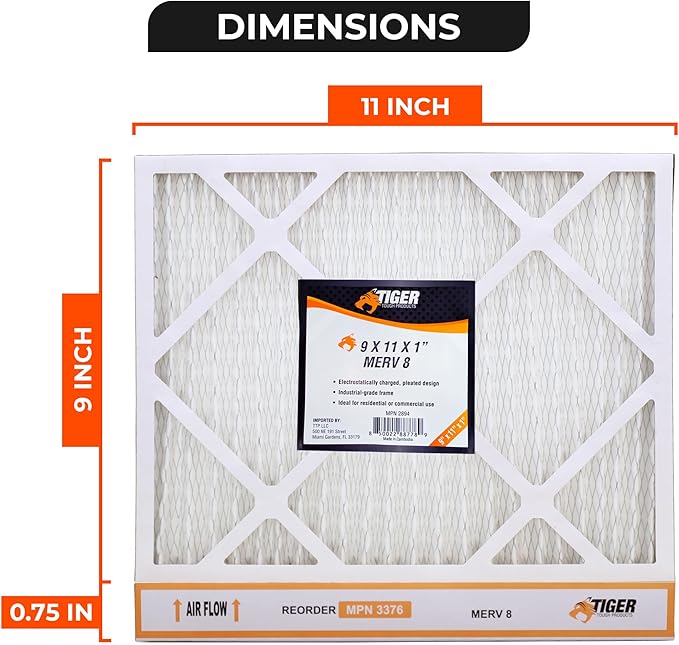 Tiger Tough 9x11x1 MERV 8 MPR 600-800 Air Filter, High-Performance AC Furnace & HVAC Filter, 6-Pack