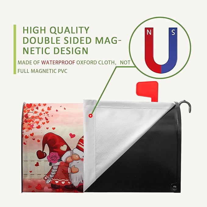 Valentines Gnomes Mailbox Cover Large Size 25.5 X 21 Love Hearts Rose Magnetic Mailbox Covers Red Valentine's Letter Box Cover Wraps Oversized for Garden Yard