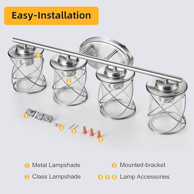 mavcadonf Bathroom Vanity Light Fixtures Over Mirror, 4 Lights Modern Bathroom Wall Lamp for Mirror Kitchen Living Room Hallway Cabinet Porch, Farmhouse Wall Lights with Cage Shade, Brushed Nickel