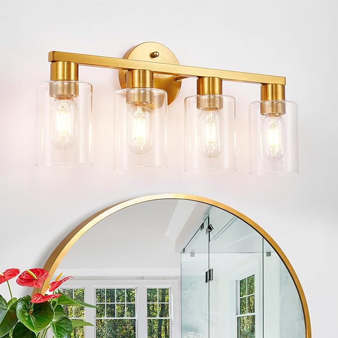 4 Light Gold Bathroom Vanity Light, Brushed Brass Bathroom Light Fixtures with Clear Glass Shade, Modern Wall Lamp Sconce Lighting for Bath Mirror Bedroom Living Room Hallway Porch