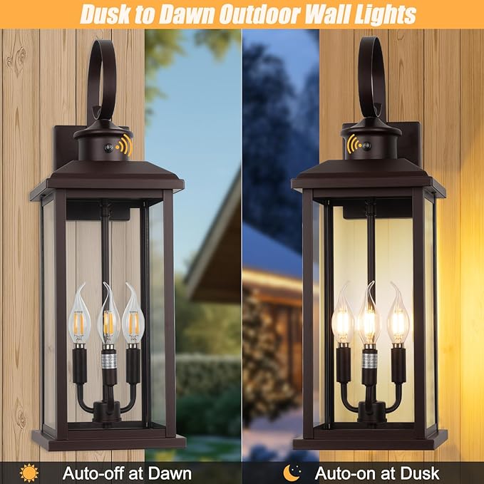 2Pack Dusk to Dawn Outdoor Wall Light Fixture, 24in Bronze Large 3-Light Modern Porch Lantern, Waterproof Exterior Lighting Sconce Wall Mount, Outside Lamp for House Garage Patio E12 Base