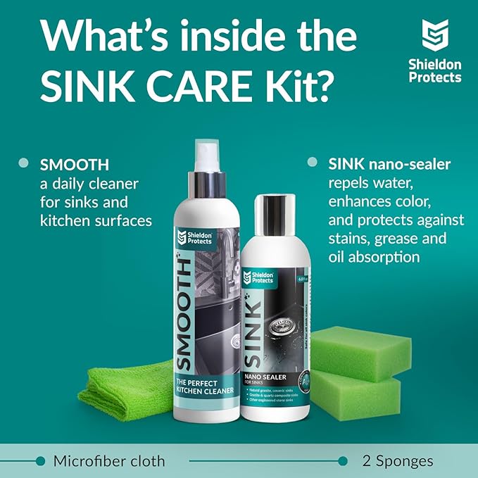 Shieldon Sink Care Kit – Cleaner & Nano Sealer for Granite Composite, Ceramic & Natural Stone Sinks – Restores Shine, Repels Stains, Grease & Hard Water – 2 Sponges & Microfiber Cloth