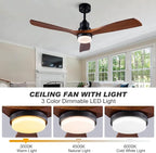 52 Inch Ceiling Fan with Lights Remote Control, 3 Blade wood ceiling fan,Quiet DC Motor Mordern Ceiling Fan, Indoor Outdoor Ceiliang Fans for Patios Bedroom Living Room
