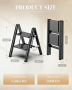 GameGem 2 Step Ladder, Folding Step Stool with Wider Pedal, Anti-Slip Feet & Non Slip Stripes, Aluminum Sturdy Material, 300Lbs Capacity, Elegant Look of Piano Black Better Matches Your Home