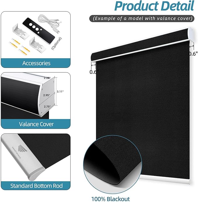 SmartWings Motorized Smart Blinds with Remote, Custom Automatic 100% Blackout Roller Shade Compatible with Alexa/Homekit/Google, Electric Smart Blinds for Indoor Windows, Vinyl Black