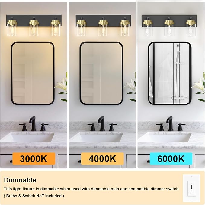 IZORRO Bathroom Vanity Light Fixture, 3-Light 22 Inch Black and Gold Bathroom Light Fixtures Over Mirror, with Clear Glass Shade, Modern Farmhouse Vanity Lights, Rustic Restroom Lighting Fixtures