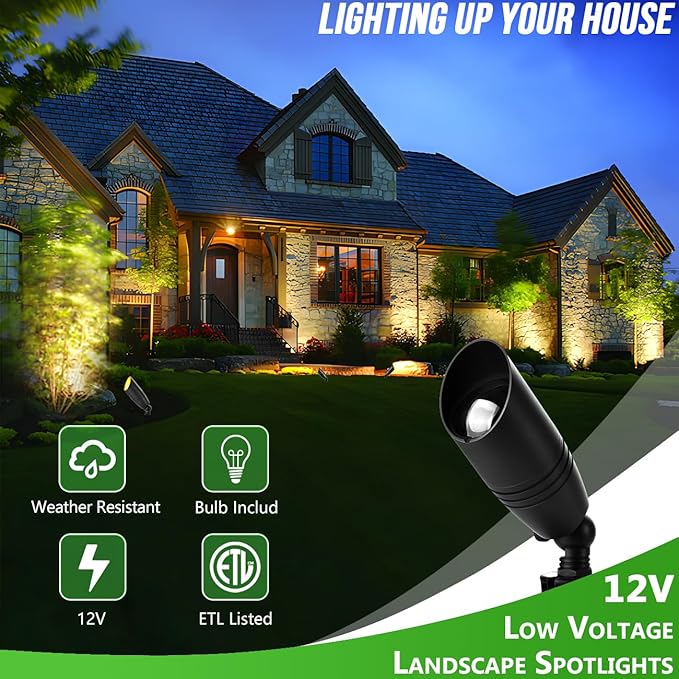 wowlite Low Voltage Spot Lights Outdoor LED 4 Pack, Die-cast Aluminum Landscape Spotlights, Waterproof Black Uplights with MR16 Bulbs Ground Stake for Garden Courtyard Pathway