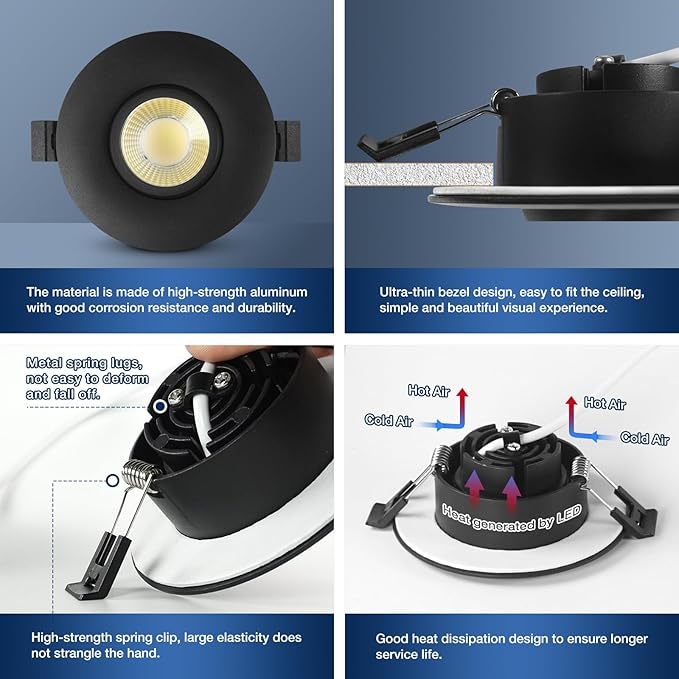 Sublimation Black 4 Packs 3 Inch led recessed Light 10w,3 Colors Adjustable 3000K/4000K/5000K,Waterproof recessed Lights for Shower,Suitable for Bathroom,Parlor,Bedroom,Kitchen,Balcony
