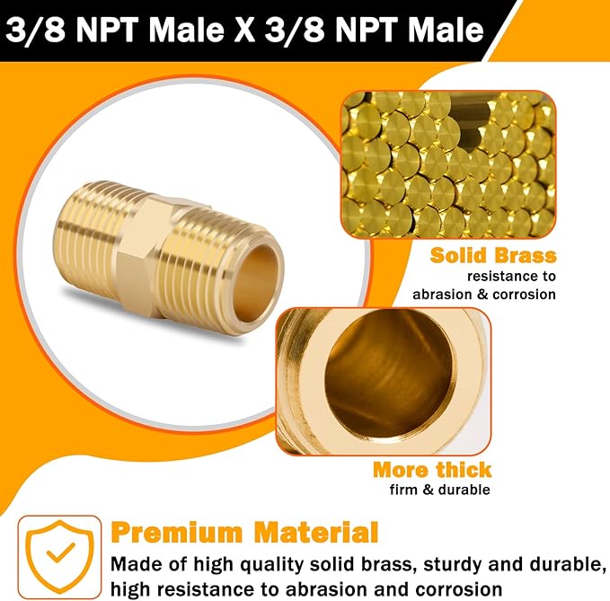 KOOTANS 3/8 NPT x 3/8 NPT Male Solid Brass Nipples Heavy Brass Pipe Adapter Fittings Equal Hex Nipple Connectors 4Pieces