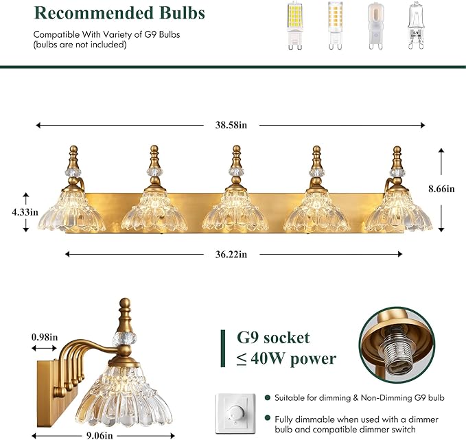 Vintage Bathroom Vanity Light, 5-Light Brass Vanity Lighting Fixture with Flower Glass Shade, Bathroom Lighting Fixtures Over Mirror