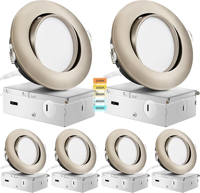 Brushed Nickel Recessed Lighting 4 Inch 6 Pack, Ajustable Eyeball Gimbal canless recessed Light with Junction Box,9W 750LM,Dimmable,5CCT Selectable