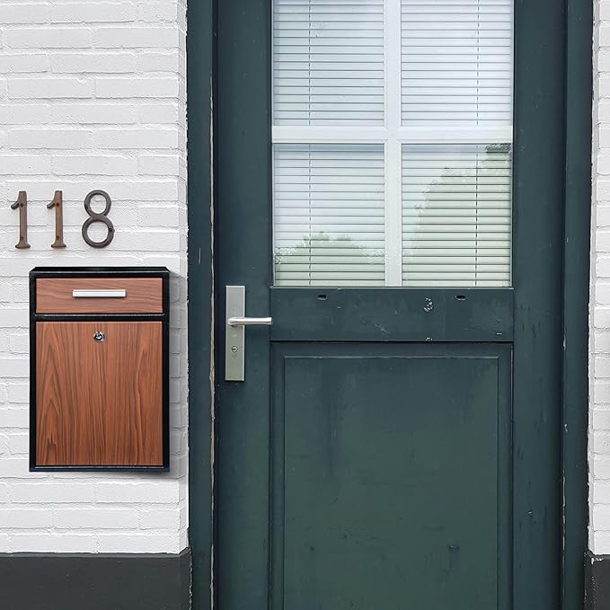 Locking Wall-Mount Mailbox, Wood Vintage Metal Mailboxes for Outside, Security Drop Box with Lock, Large Capacity Mounted Mailbox, Heavy Duty Thickened Mailbox