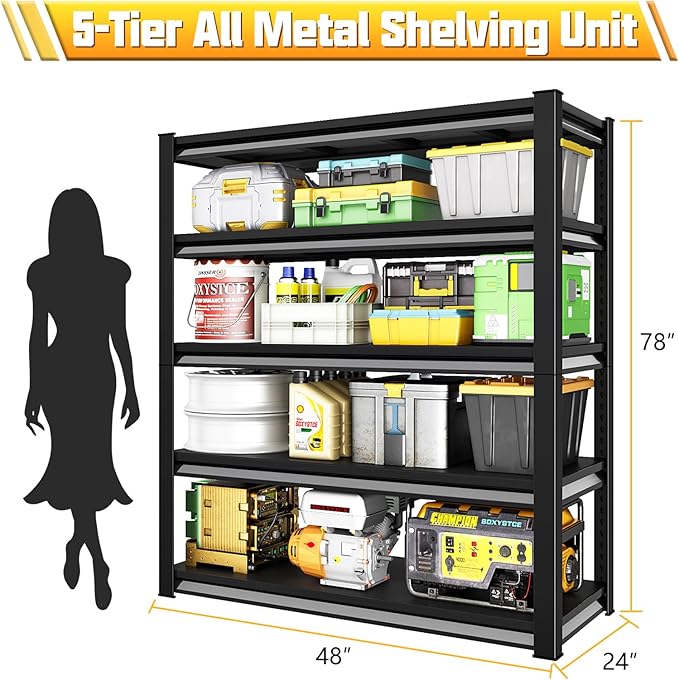 48" W Garage Shelving Heavy Duty, 3000LBS Loads Garage Storage Shelves Heavy Duty, 5-Tier Metal Shelving Units and Storage Racks, Industrial Utility Shelf,48" Wx24 Dx78 H, Black