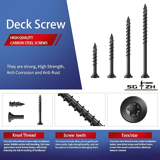 #10 x 5 Inch Deck Screws (36Pcs) 1lb. Exterior Wood Screws. Carbon Steel, Black, Flat Head, Rust Resistant epoxy Coated, with T25 Star Bit