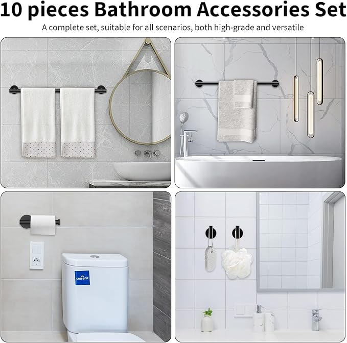 10-Pieces Bathroom Hardware Set, Includes 24 Inch Towel Racks for Bathroom Wall Mounted, Toilet Paper Holder, Towel Hooks for Bathrooms, Towel Rings for Bathroom Wall (Matte Black)