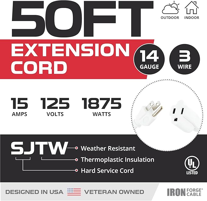 Iron Forge Cable 15 Amp Heavy Duty Extension Cord 50 ft, SJTW 14 Gauge Extension Cord 3 Prong Outdoor & Indoor, Weatherproof White Power Cable 14 AWG, Great for Major Appliances - US Veteran Owned