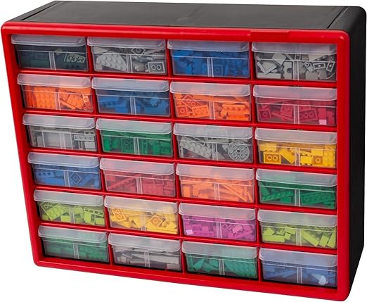 Akro-Mils 24-Drawer Plastic Drawer Storage Cabinet for Garage Organization, Bead Organizer, Building Bricks Storage, Teacher Toolbox, Makeup Organizer, 20" W x 6" D x 16" H, 10124 Red