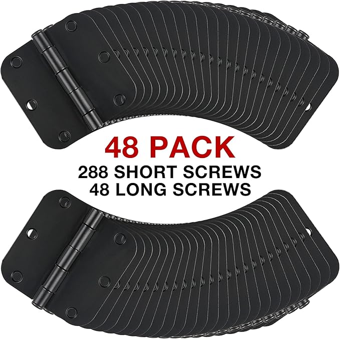 48 Pack Rounded Matte Black Door Hinges 3.5 Inch 5/8" Radius for Interior 3 1/2" Flat Iron Bifold Residential Standard Bedroom Indoor for Doors 3 ½"Hardware House Home Decor Essentials Accessories