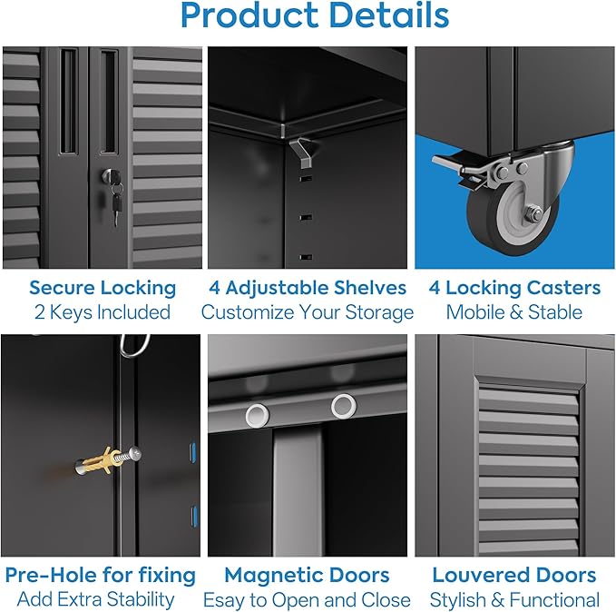 Garage Storage Cabinet with Wheels and 4 Shelves, Metal Broom Closet Storage Cabinet with Hanging Rod, Pegboard and 13 Hooks for Garage Home, Black, Assembly Required