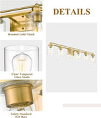 6 Light Bathroom Vanity Light, HWH Brushed Gold Light Fixture Bathroom Wall Vanity Lights, Modern Brass Vanity Lights Over Mirror with Clear Glass Shade, 5HLT63B-6W BG