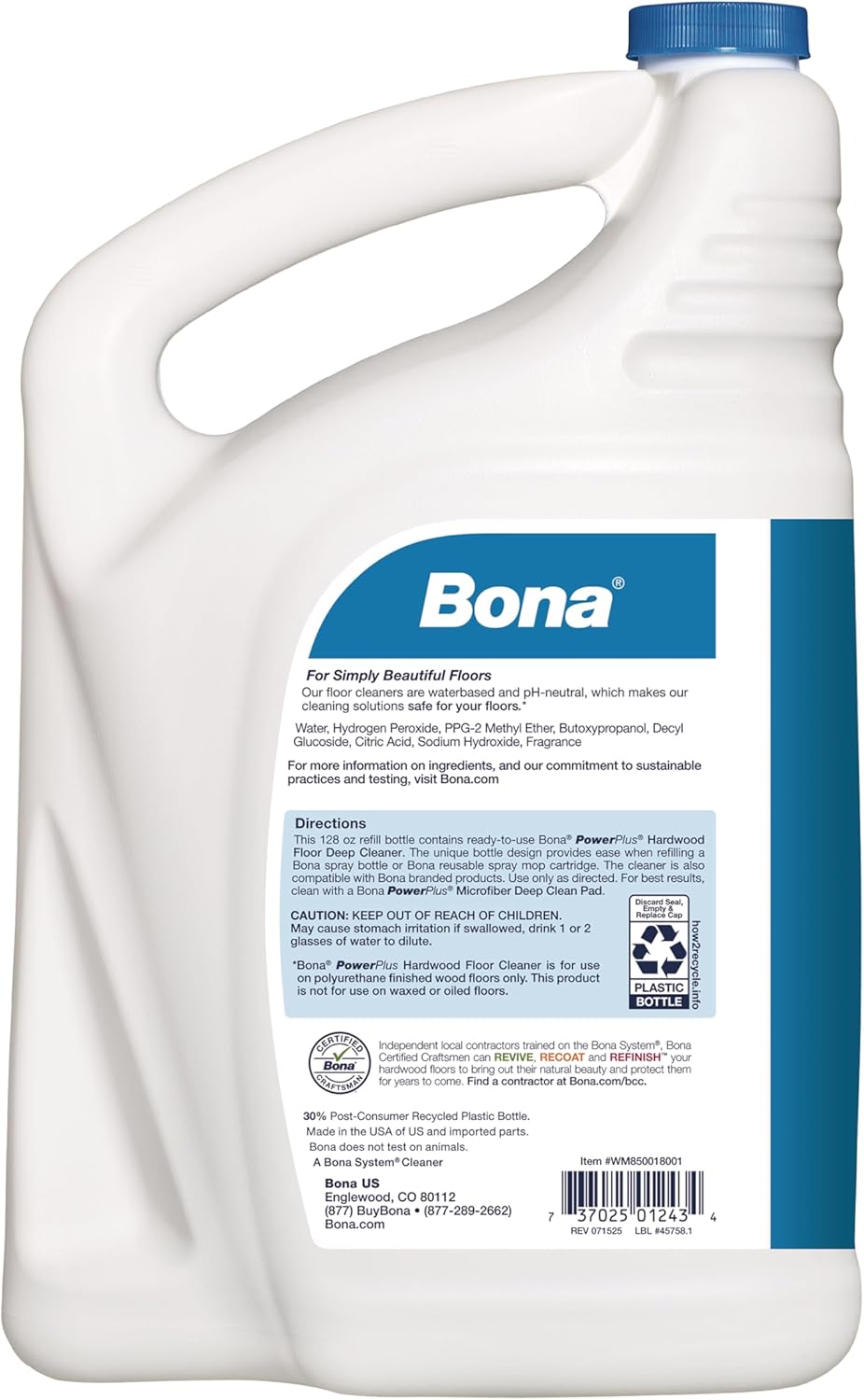Bona PowerPlus Hardwood Floor Deep Cleaner Refill - 128 fl oz - Refill for Bona Spray Mops and Spray Bottles - Residue-Free Floor Cleaning Solution for Wood Floors