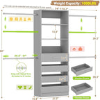 Aheaplus Closet System, 4-9Ft Closet Organizer with 4 Wooden Drawers, Wood Closet Organizer System with Tower, Walk-in Closet Organizer Wardrobe Garment Clothes Rack with 4 Hanging Rods, Grey