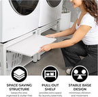Washer and Dryer Pedestals with Pullout-Shelf - 24" W, 18" H, White Steel Universal Fit with Major Brands | Laundry Pedestal with Drain Pan & Hose | Washer Stand for Back Pain Relief, 800 lbs Capacity