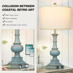 Farmhouse Table Lamps Set of 2, Rustic Touch Control Bedside Lamps with 2 USB Ports & AC Outlet, Vintage Resin 3-Way Dimmable Nightstand Lamp Linen Fabric Shade for Living Room Bedroom Decor Blue