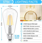 Ralbay ST64 E26 Vintage LED Edison Bulbs 60 Watt Equivalent 6-Pack, Bright Warm White Light 2700K, ST64 Antique LED Filament Bulbs, E26 Medium Base
