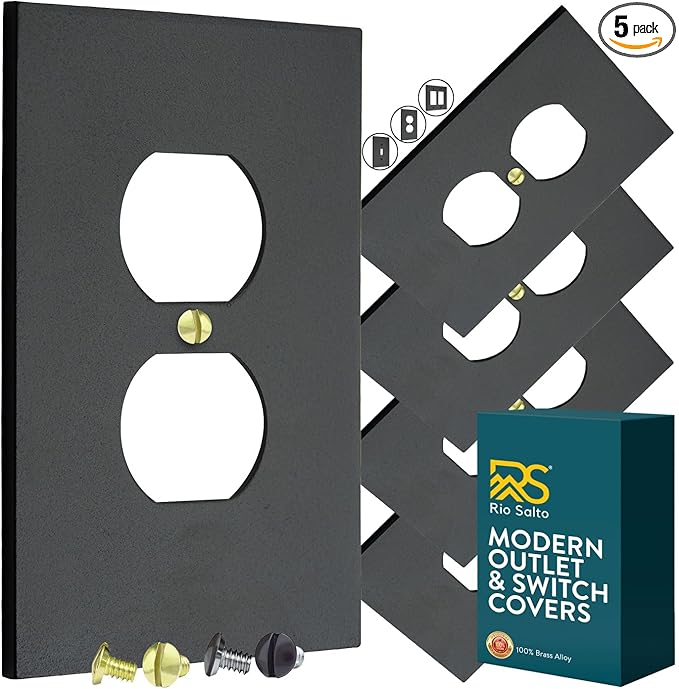 RIO SALTO Modern Metal Matte Black Wall Outlet Cover Outlet Cover Duplex or Light Switch Cover Plug Wall Plate Electric Outlet Covers Black Receptacle Electrical Switch Covers - Midsize 1 Gang 5-Pack