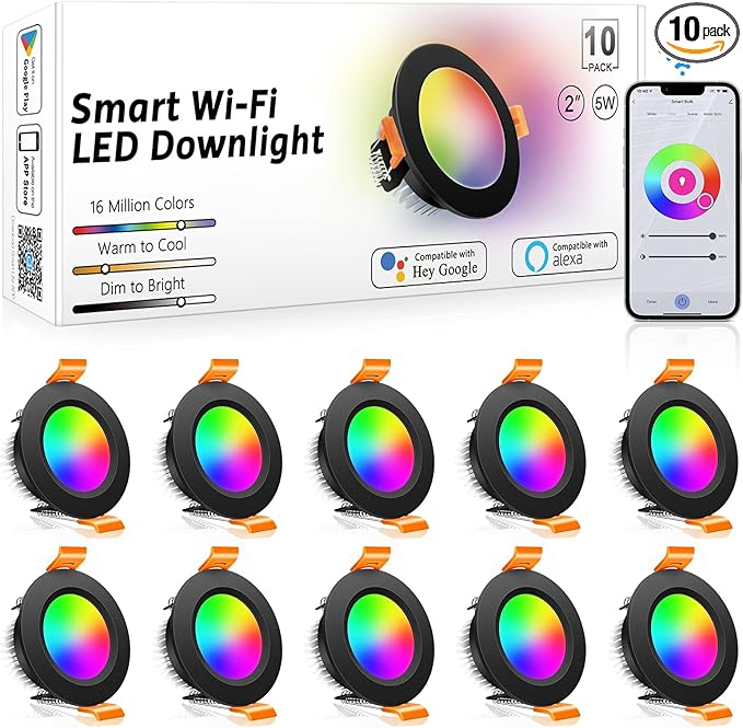 inShareplus 2 Inch Smart Recessed Lighting 10 Pack, 5W WiFi RGB LED Downlight 2700-6500K Dimmable, Color Changing, Black Trim, Alexa Google Compatible, with LED Driver, 120V Ceiling Lights