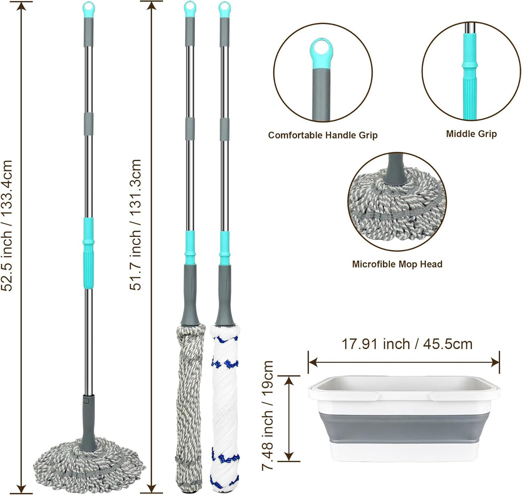 Self Wringing Mop with Bucket- Easy Squeeze Twist Mop with 52.5 Inch Long Handle, Heavy Duty for Hardwood, Tile, Vinyl & Laminate Floors (Gray+White)