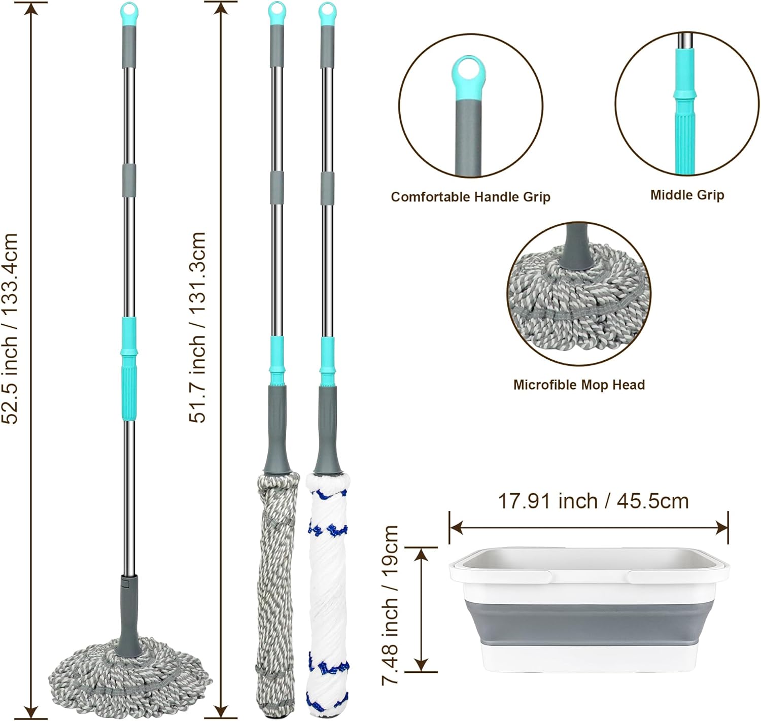 Self Wringing Mop with Bucket- Easy Squeeze Twist Mop with 52.5 Inch Long Handle, Heavy Duty for Hardwood, Tile, Vinyl & Laminate Floors (Gray+White)