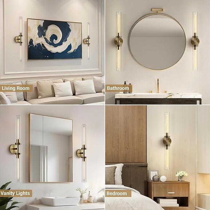Brass Wall Sconces Set of 2, Double Lights 30" Knurled Texture Indoor Wall Light Fixtures, Bathroom Vanity Light Fixtures with Clear Glass, Modern Wall Lamp for Living Room Hallway(Bulb Included)
