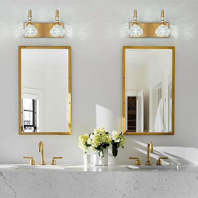 Modern Glass Crystal Vanity Light - Vintage Bathroom Lighting Fixtures Over Mirror, 2 Light Vanity Lights G9 Bulb (11.81 Inch, Gold)