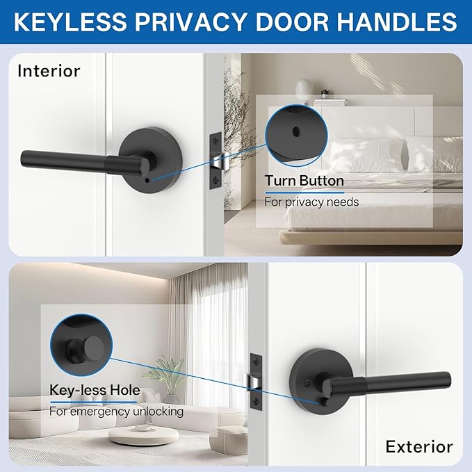 Amerdeco 10 Pack Matte Black Door Handles Interior,Knurled Privacy Door Handles with Lock,Heavy Duty Black Door Lever for Bedroom or Bathroom,Reversible Keyless for Left Right Handed Doors AM0027