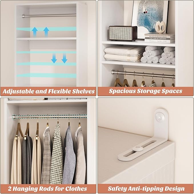 Unikito Freestanding Closet System, 25” Closet Organizer Wardrobe with Hanging Rods & Shelve, Adjustable Clothes Garment Rack, Sturdy Walk in Closet Tower, Easy Assembly, 25" W x 16" D x 80" H, White