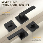4 Pack Keyed Entry Door Lock with Deadbolt Set, Reversible Passage Lever and Keyed Alike Single Cylinder Deadbolt, Matte Black Square Handleset for Bedroom, Front Door