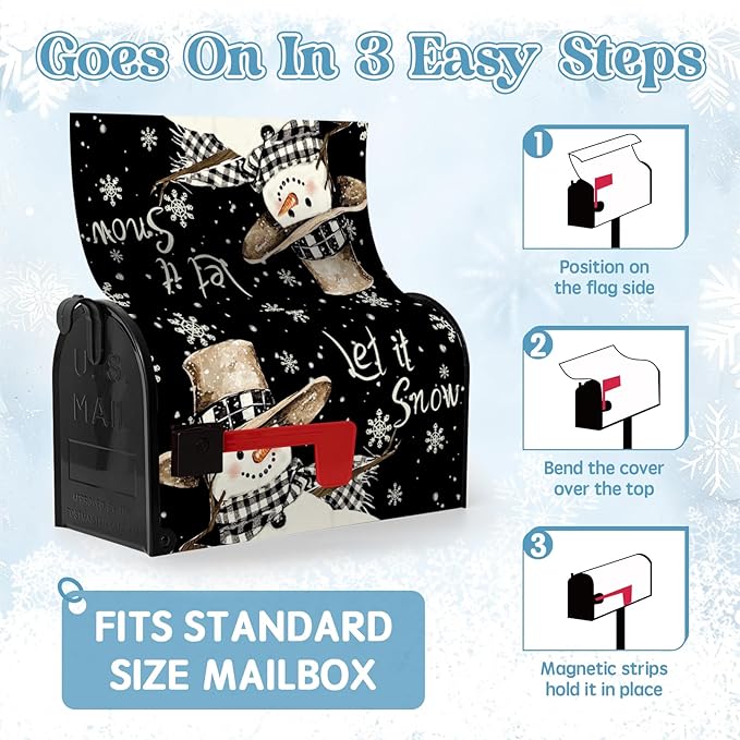 Winter Snowman Mailbox Cover Magnetic Standard Size 21 x 18 Christmas Holiday Snowflakes Post Letter Box Wraps Decor for Outside Black and White Garden Yard Outdoor Decorations